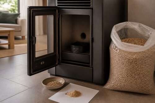 Sac générique de pellets contrôlé à côté d’un poêle à granulés éteint