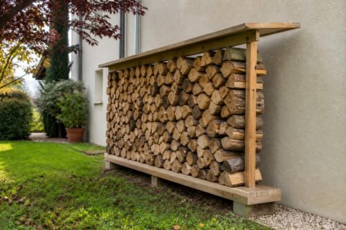 Réserve de bûches ventilée, surélevée et décollée du mur extérieur