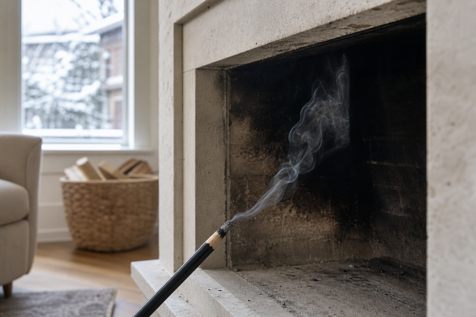 Test de tirage près d’une cheminée froide avec traces de suie