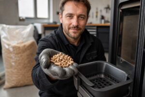 Technicien tenant des granulés de bois propres près d’un poêle à granulés