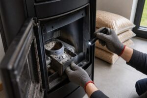Technicien qui vérifie le brasier d’un poêle à granulés