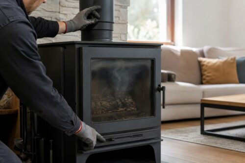 Technicien vérifiant le tirage d’un poêle à bois avec fumée visible dans le foyer