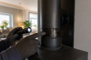 Raccord de conduit de poêle avec trace de bistre à contrôler avant dépannage