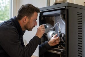 Technicien contrôlant le pressostat d’un poêle à granulés