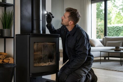 Technicien contrôlant le tirage d’un poêle à bois noir