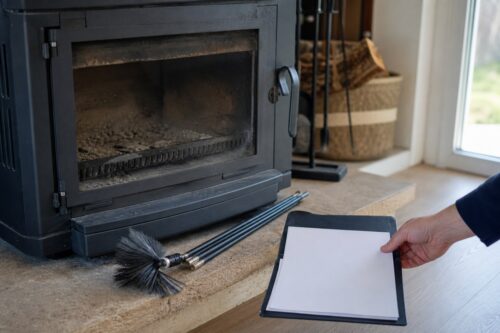 Certificat de ramonage posé près d’un poêle à bois refroidi et d’une brosse de ramonage
