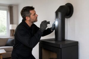 Professionnel inspectant le raccord du conduit d’un poêle à bois