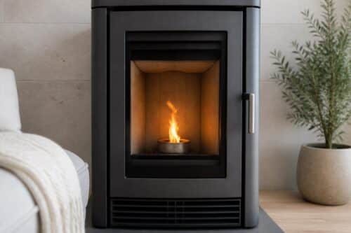 Flamme encore visible et grille de ventilation sur un poêle à granulés en cours d'arrêt
