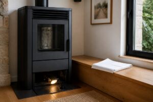 Poêle à granulés contrôlé avec une lampe d'inspection avant une décision de remplacement
