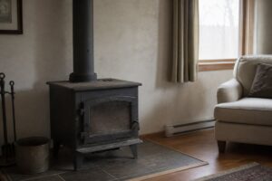 Vieux poêle à bois froid à inspecter avant un devis de remplacement