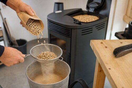 Pellets tamisés avant remplissage d’un poêle à granulés