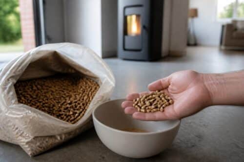 Main qui vérifie des pellets stockés près d’un poêle à granulés