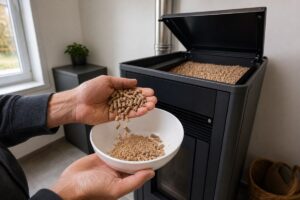 Contrôle de pellets avant remplissage d'un poêle à granulés