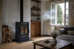 Poêle à bois fermé près d’une fenêtre ouverte, fumée évacuée et bûches sèches