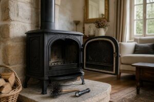 Poêle à bois ouvert avec brosse de ramonage et lampe pour contrôler le tirage