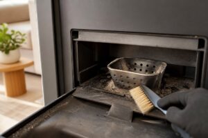 Creuset de poêle à granulés encrassé par de la suie et nettoyé avec une brosse