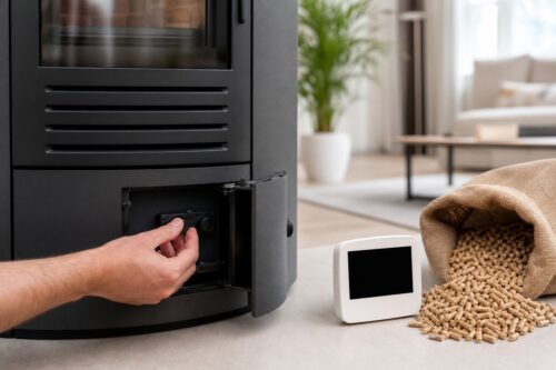 Contrôle des réglages sur un poêle à granulés refroidi avec thermostat et pellets