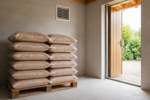 Sacs de granulés sur palette dans un local technique ventilé avec porte ouverte