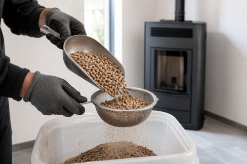 Tamisage de pellets avant remplissage du poêle à granulés