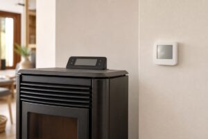 Poêle à granulés arrêté avec thermostat mural à contrôler avant un SAV
