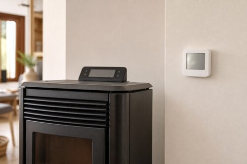 Poêle à granulés arrêté avec thermostat mural à contrôler avant un SAV