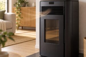 Grille de ventilation d’un poêle à granulés lors d’un contrôle de bruit