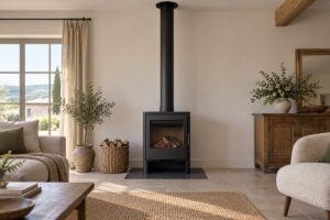 Poêle à bois récemment installé avec son conduit visible