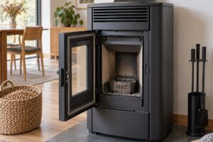 Poêle à granulés arrêté avec le creuset visible pour un contrôle
