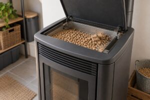 Poêle à granulés froid avec des amas visibles dans la trémie ouverte